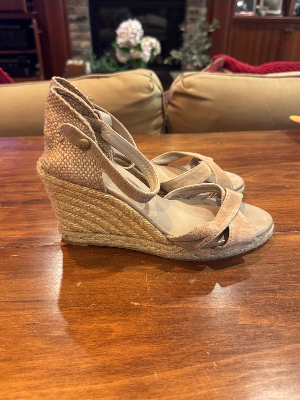 Castaner Bruna Espadrille Wedge Shoe 38 Taupe Sand Leather Open Casual Button - Picture 3 of 16